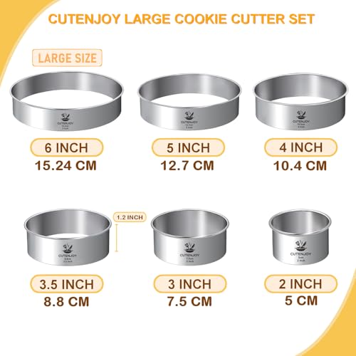 6-Piece Round Cookie Cutters (2, 3, 3.5, 4, 5, 6 Inch) Biscuit Cutter Set | Dishwasher Safe, Laser-Etched Sizes, Stainless Steel Circle Cookie Cutter for Baking, Thick Dough, Biscuits & Fondant - size: 6 Sizes Round Cutters
