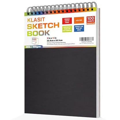 KLASIT 9"x12" Sketch Book,Top Spiral Sketchbook,100 Sheets(68lb/100gsm) | Acid-Free Drawing Paper Pad,For Painting,Sketching,Professional Art Supplies,Adults,Artists And Beginners