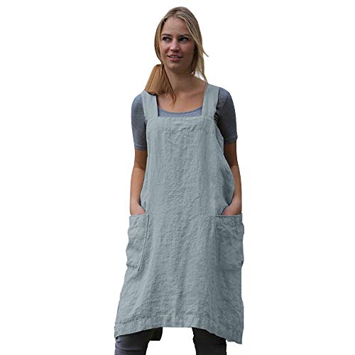 Women's Pinafore Square Apron Baking Cooking Gardening Works Cross Back Cotton/Linen Blend Dress with 2 Pockets - color: Light Blue, size: Small