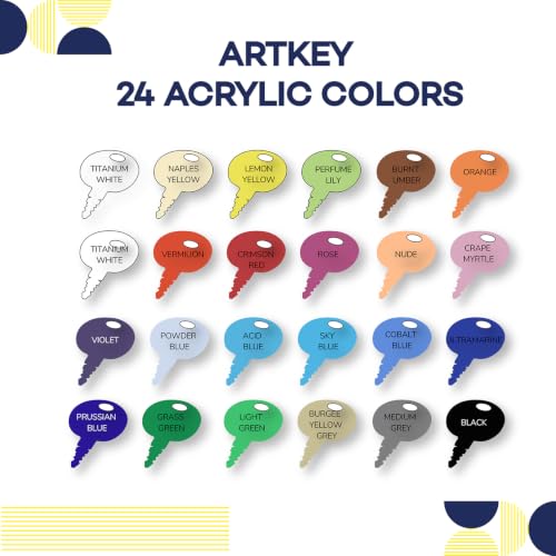 Artkey Acrylic Paint Set, 24 Colors 2 oz/59 ml Acrylic Paint Kit for Professional Artists & Beginners – Craft & Art Supplies for Canvas, Wood, Fabric, Rock, Leather, Ceramic, Glass, Easter Egg - color: 24 Colors, style: Basics