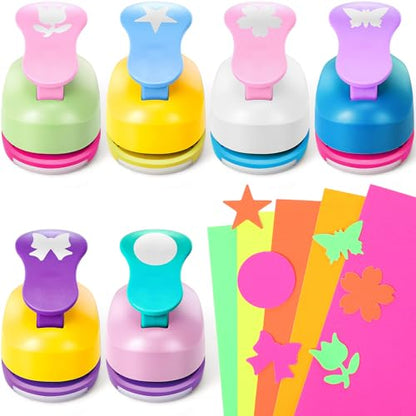 CHENGU Hole Punches 6 Shapes with Cardstock for Kids,Fresh Style,1 Inch | Paper Punchers Ideal for Scrapbooking Card Making, Star, Circle, Bow, Butterfly, Flower, Classroom Craft Supplies - size: 1 Inch, style: Fresh Style