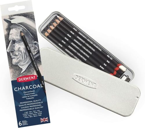 Derwent Charcoal Pencils, Metal Tin, 6 Count (0700838) (Pack of 6) - size: 6 Count (Pack of 6), style: Metal Tin