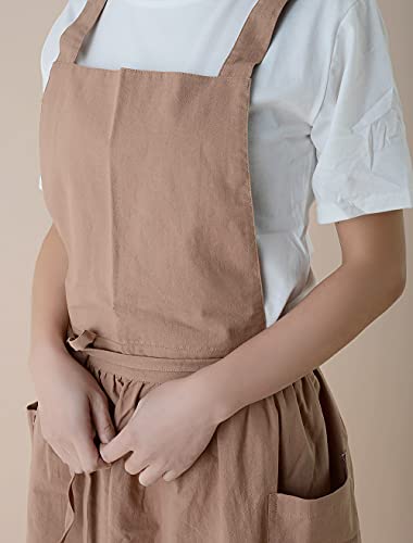 VLZUFE Women Cotton Linen Cross Back Apron with Pockets for Gardening Works Pinafore Dress - color: Brown