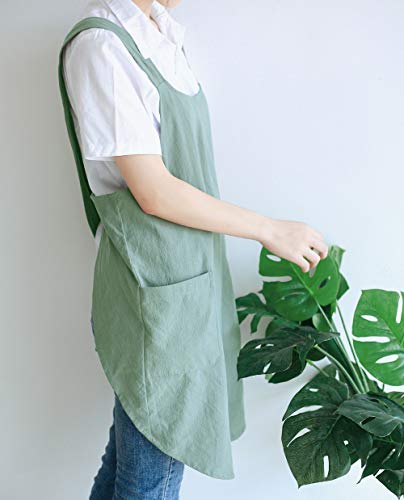 NEWGEM Japanese Cotton Linen Cross Back Cooking Apron for Women Men with Pockets Cute for Baking Kitchen - color: 01- Women's Mint Green