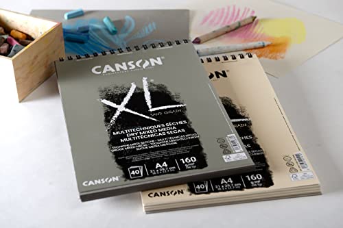 CANSON XL Sand Grain Dry Mixed Media 160gsm A3 Paper, Sand Finish, Spiral Pad Short Side, 40 Natural Sheets, Ideal for Professional Artists & Illustrators - size: SPIRAL NAT 40S A3