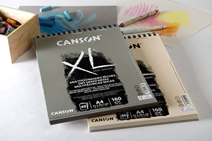CANSON XL Sand Grain Dry Mixed Media 160gsm A3 Paper, Sand Finish, Spiral Pad Short Side, 40 Natural Sheets, Ideal for Professional Artists & Illustrators - size: SPIRAL NAT 40S A3