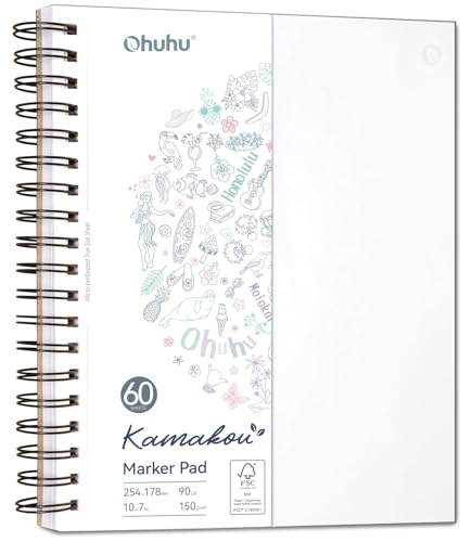 Ohuhu 7"x10" Double-Sided Bleedproof Marker Pad Art Sketchbook 60 Sheets | Large Sketch Book - 90 LB/150 GSM Smooth Drawing Paper - 60 Sheets/120 Pages - Spiral-Bound Sketch Pad for Alcohol Markers - size: 7" x 10”