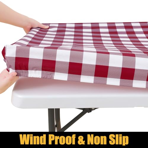 Smiry 4 Foot Picnic Table Cloth, Flannel Backed Fitted Vinyl tablecloths | Waterproof Elastic Rectangle Tablecloth ,Buffalo Plaid Table Covers for Dining, Camping (Burgundy and white, 24" x 48") - color: Burgundy and White, size: 48" x 24" (Rectangular)