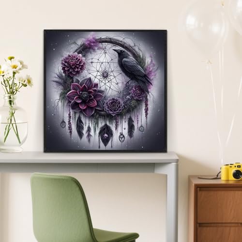 Halloween Dream Catcher Crow Diamond Art Kits for Adults, 5D Diamond Painting Kits for Adults Beginners, DIY Full Round Drill Diamond Dot Painting Gem Art Kits for Adult, Home Wall Decor 13.8x13.8 In - color: NZ71