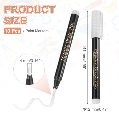 MECCANIXITY 10 Pcs Metallic Marker Pens Metallic Paint Brush Markers Medium Tips Mark Pens for Scrapbooking Glass Rock Painting Cards Photo Albums Ceramics DIY Artwork(White) - color: White