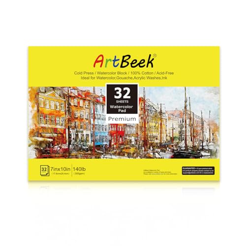 ArtBeek Watercolor Paper Block, 7" x 10" Watercolor Block 32 Sheets 100% Cotton Cold Press 140lb/300GSM - size: 7X10 Cold Press