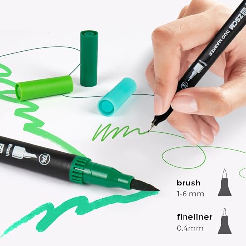Green Duo Tip Marker Pens, 12 Fine & Brush Tip Pen For Adult Coloring Books - color: 12 Green