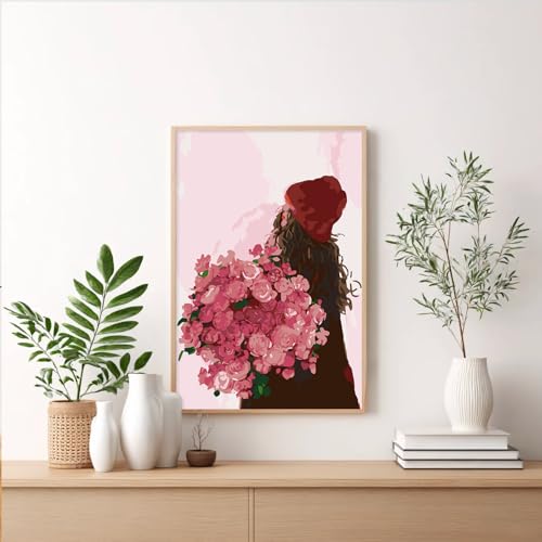 Framed Paint by Numbers Kit for Adults Beginner & Kids Ages 8-12, Girl Flowers Paint by Numbers with frame, without Easel, DIY Acrylic Number Painting for Adults for Home Decor Gift 8 x 12 Inch - color: XM-OP-F-FlowerGirl-2030