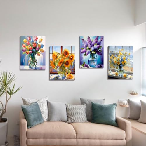 Muzagroo Art Flowers Diamond Paintings Kits for Adults Sunflower Diamond Art Kits for Beginners Hand Crafts Full Drill 5D Diamond Dots Kits DIY Gem Art 12X16 inches 4PCS (Sunflowers) - color: 14-Sunflowers