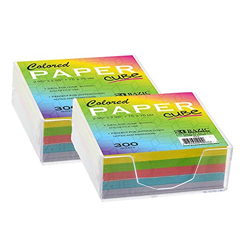 BAZIC Products Color Paper Cube with Tray, 300 Sheets, 2.95 in, 2-Pack | 300-sheet color paper cube, 2.95 x 2.95 in (75 x 75 mm), clear holder tray for quick notes and reminders - size: 2-Pack