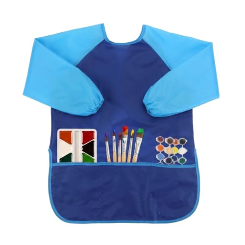 Kids Art Smocks,Colorful Toddler Painting Apron Waterproof Artist Smock with Long Sleeve and 3 Pockets for Kids 3-7 - color: Dark Blue