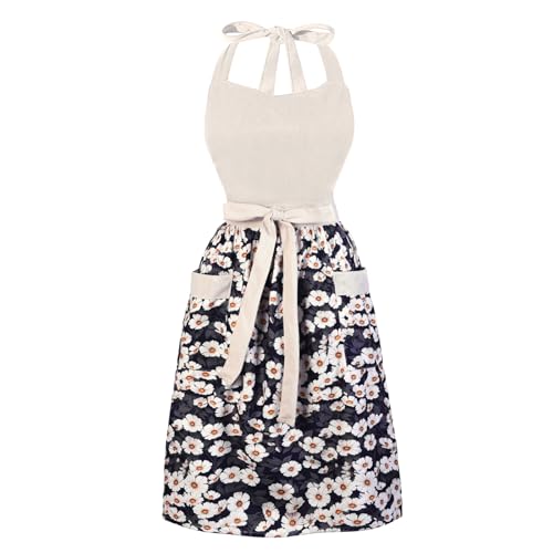 Cute Floral Apron for Women with Pockets, Cotton, Adjustable Straps - color: Black Beige