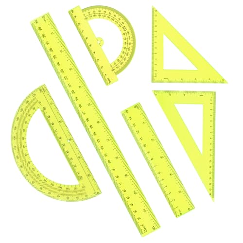 Plastic Clear Ruler Math Set, 6" | 12" Straight Ruler Protractor, 2 Protractors 180 Degree 2 Triangle Rulers 45 | 60 Degree 2 Straight Rulers Measuring Tool for School Office Home Supplie, Yellow - color: Yellow