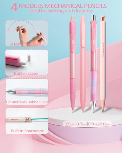 JIZHIYUAN 39PC Mechanical Pencil Set with 600 Lead Refills Pink Pencil Case | 0.5mm-2.0mm Mechanical Pencils, Aesthetic School Supplies Cute Stationary Set Come with Pencil Case for Teacher Coworker - color: Pink