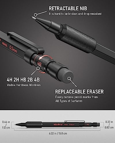 Nicpro 0.5 mm Mechanical Pencil Set with Case, 3PCS Metal Pencils | MP2000 Heavy Duty Lead Pencil + 6 Tube HB Lead Refill, Eraser, Weatherproof Metal Barrel for Outdoor Writing Drafting Drawing - size: 0.5mm