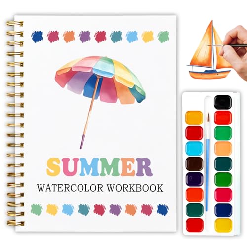 12 Patterns Summer Watercolor Set, Beach Vacation Painting Book for Beginners, Capture Sunny Vibes Watercolor Workbook, Relaxing DIY Art Gift for Women and Adults, Holiday Relaxation Kit - color: Blue-Summer