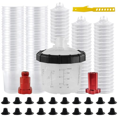 RRJ Disposable Paint Cup Automotive Spray Gun Paint System, for LVLP/HVLP Spray Gun Kit 6.7 Ounce(200ML) Mixing Cups with 50 Liners and Lids, 1 Hard Cup with Retainer Ring, 2 Adapter, Stirrer - color: 6.7 Ounce (200ml) Kit-50PCS