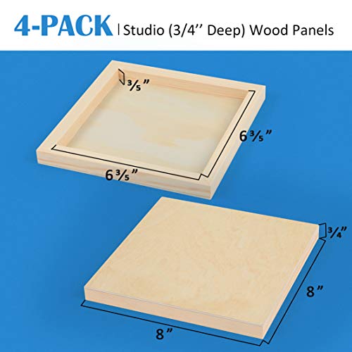 4 Pack 8x8’’ Unfinished Birch Wood Panels Kit for Painting | Studio 3/4’’ Deep Wooden Canvas, Cradle Boards for Acrylic Pouring, Art, Crafts, Epoxy Resin, Laser Engraving Cutting - size: 8'' x 8'' Studio