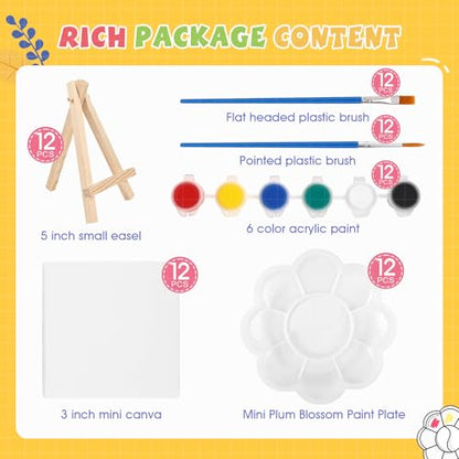 ESRICH 12 Set Mini Acrylic Paint Kit, Mini Stretched Canvas with Easel | Acrylic Paint Strips, Paint Palettes, Painting Brushes, Mini Canvas and Easel Set for Kids Artists Beginner, Gift