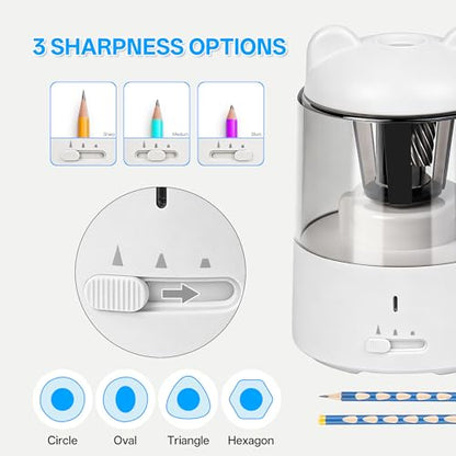 Electric Pencil Sharpener, Rechargeable Auto-Stop for 6-8mm, 3 Modes | Fast Sharpen in 3s, Battery Powered, Heavy Duty Blade, Suitable for No.2(6-8mm), School/Home/Office - color: White