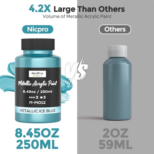 Nicpro Metallic Ice Blue Acrylic Paint, 8.45oz/250ml Large Craft Paints | Pearlescent Non Toxic, Non Fading Paints for Metal, Wood, Clay, Fabric, Canvas, Ceramic, Furniture, Handcrafts, Art Supplies - color: Ice Blue, size: 8.45 Fl Oz (Pack of 1)