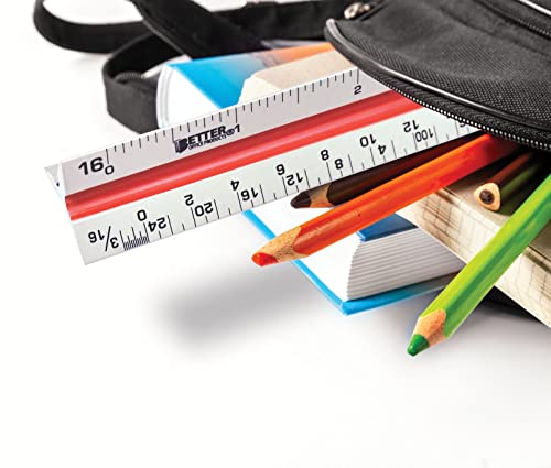 Better Office Products Triangular Ruler, 12 Inch Metal, Triple Sided Color Coded, Imperial Scale, Drafting & Architect Ruler (1 Pack)