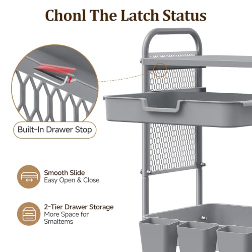 3 Tier Rolling Cart with 2 Drawers, Metal Utility Storage Carts with Wheels | Kitchen Rolling Cart 4.5" Deep Basket, Mesh Side Panel with 3 Cups, 4 Hooks for Office, Bedside, Craft Storage Cart - color: Dark Dray
