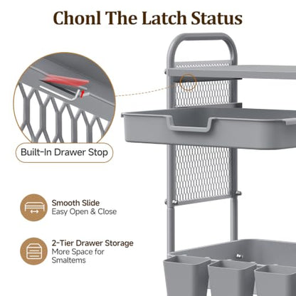 3 Tier Rolling Cart with 2 Drawers, Metal Utility Storage Carts with Wheels | Kitchen Rolling Cart 4.5" Deep Basket, Mesh Side Panel with 3 Cups, 4 Hooks for Office, Bedside, Craft Storage Cart - color: Dark Dray
