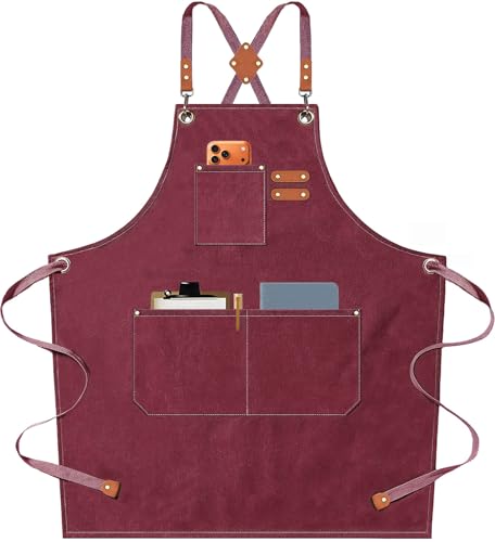 Chef Aprons for Men Women with Oversized Pockets, 16-Ounce Cotton Canvas Cross Back Heavy Duty Work Apron (Dark Red) - color: Dark Red