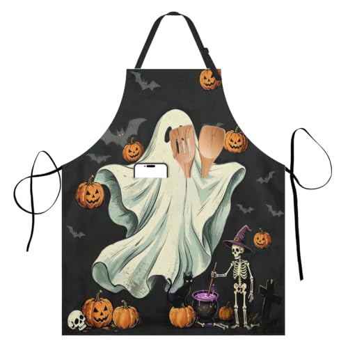 Halloween Aprons Ghost Bat Jack-O-Lantern Kitchen Apron with 2 Pockets Waterprrof Cooking Apron with Adjustable Neck Strap for Baking Crafting Gardening - color: Halloween-ghost