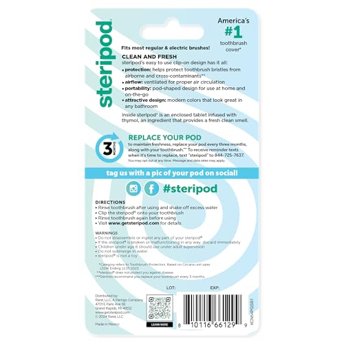 Steripod Clip-On Toothbrush Protector, Green/Blue, 2 Count - color: Green and Blue, size: 2 Count (Pack of 1)