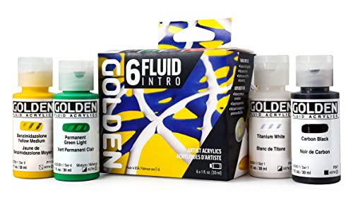 GOLDEN Fluid Acrylics Intro Set, 6 x 1 fl. oz. Bottles | Experience the flowing consistency of richly pigmented Fluid acrylics with this balanced selection of artist grade colors. - color: Multi, size: 6 Fl Oz (Pack of 1)