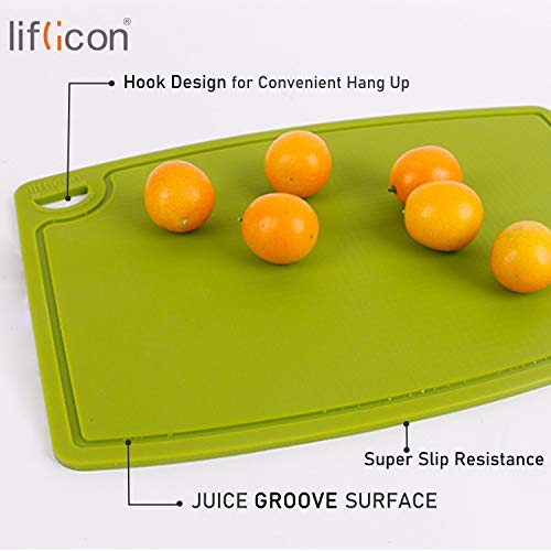 Liflicon Silicone Thick Cutting Boards Mats Set of 3 Foldable & Flexible Design Juice Grooves Easy Grip Handle Dishwasher Safe for Kitchen,BPA free Silicone Cutting Board-Green - color: Green, size: 9.1"L x 7.1"W, 12.6"L x 9.1"W & 14.6"L x 10.4"W