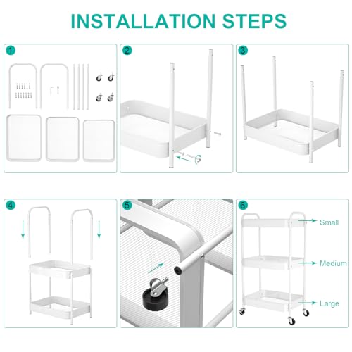 3-Tier Rolling Cart, Metal Utility Storage Carts with Wheels,White | Multi-Functional Organizer Snack Cart Easy Assembly - color: White