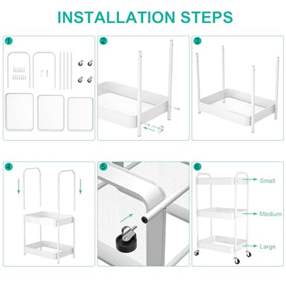 3-Tier Rolling Cart, Metal Utility Storage Carts with Wheels,White | Multi-Functional Organizer Snack Cart Easy Assembly - color: White