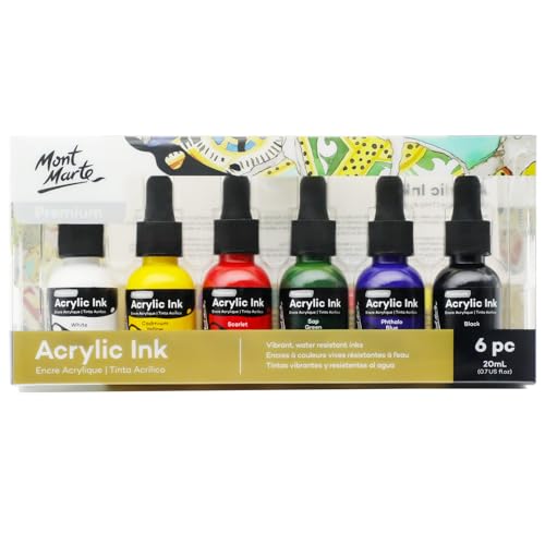 Mont Marte Acrylic Ink Premium 6pc x 20ml (0.7 US fl.oz), Acrylic Inks for Artists, Essential Colors, Ideal for Air Brush, Pouring Art, Scrapbooking, Ink Drawing, Mixed Media - color: Multicolor 6pc, size: 0.7 fl oz