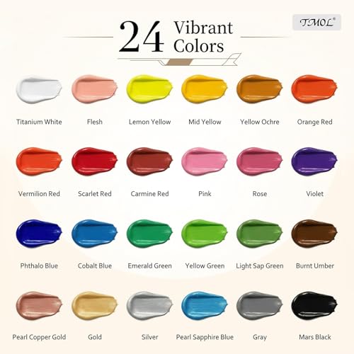 TMOL Acrylic Paint Set, 24 Colors (2 oz/Bottle) with 12 Art Brushes, Art Supplies for Painting Canvas, Wood, Ceramic & Fabric, Rich Pigments Lasting Quality for Beginners, Students & Professional Artist - style: 24 Colors Acrylic Paint 2 fl oz/60 ml