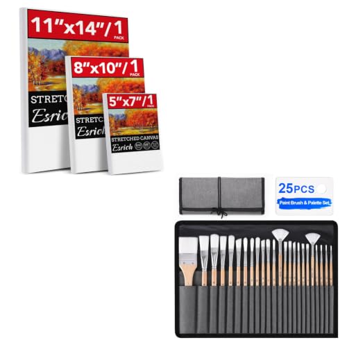 3 Pack Canvases for Painting with Multi Pack 11x14, 5x7, 8x10, Painting Canvas for Oil & Acrylic Paint, ESRICH 25Pcs Paint Brushes Set, 7 Shapes Paintbrushes for Acrylic Painting
