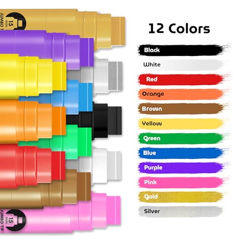 BIGTHUMB Jumbo Poster Markers Set: 12 Colors Large 15mm Wide Tip Permanent Ink Thick Acrylic Paint Pens for Rock Painting, Stone, Glass, Wood, Ceramic, Metal, Plastic, Fabric - color: Multicolor
