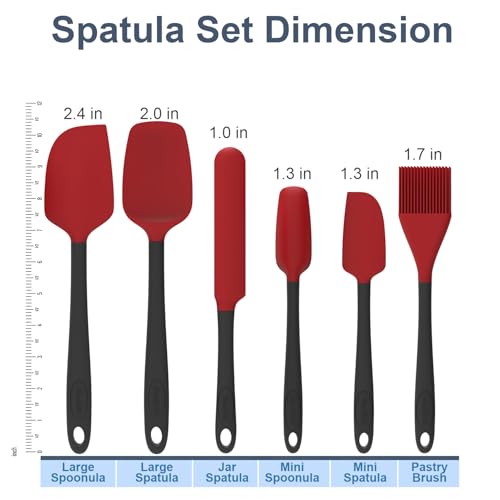 Silicone Spatula Set, 6 Pieces Food Grade Kitchen Utensils with Silicone Brush Heat Resistant Dishwasher Safe BPA-free Rubber Spatula for Scraping, Baking, Cooking, Mixing (Red) - color: Red
