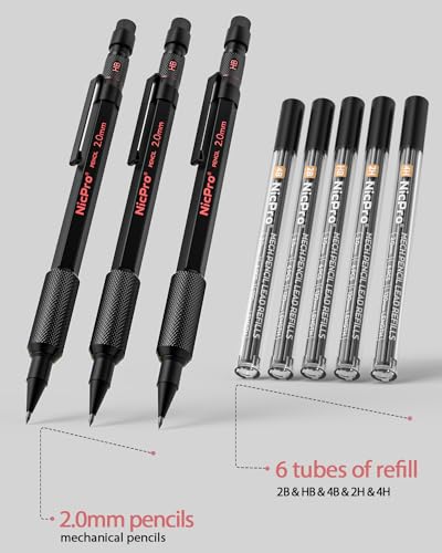 Nicpro 2mm Metal Mechanical Pencils Set with Case, 3 Pack Black | 69 Lead Refills (4B 2B HB 2H 4H Color), Eraser, Weatherproof Metal Barrel, Heavy Duty Carpenter Pencil For Writing Drawing - size: 3 Pack
