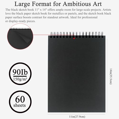 Fuxi Black Sketchbook 11x14 Inches, 60 Sheets (90lb/150gsm), Hard Cover Spiral Bound | Black Paper Pad for Illustration & Art Class, Professional Artist Sketch Book for Adults & Students. - color: Obsidian & Moss, size: 11" x 14" (Pack of 1)