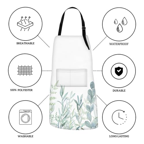 Britimes Apron with Pockets, 32x28 inch, for Women Men, Leaves Green - color: Green Plants