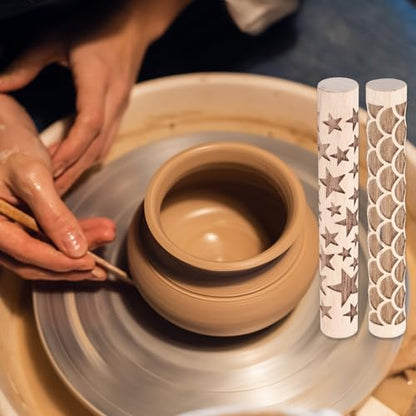 HARFINGTON 5pcs Wood Clay Roller 4"Flower Paw Print Hexagon Star Fan Pattern Rolling Pins Pottery Tools Wood Grain Texture Rollers for Clay Baking Dough Playdough DIY - style: Curves + Flowers + Paw Prints + Hexagons + Stars