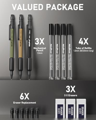 Nicpro 3 PCS 1.3 mm Mechanical Pencil Set with 48 Lead Refill, 3 Eraser | MP2000 3 Color Weatherproof Metal Barrel, Heavy Duty Carpenter Pencil for Outdoor Construction Marking Drafting and Drawing - style: 3 Pack (Black Green Brown)